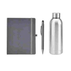 Kit Garrafa, Caderno E Caneta - Cinza/Prata - 3 Pçs Personalizado