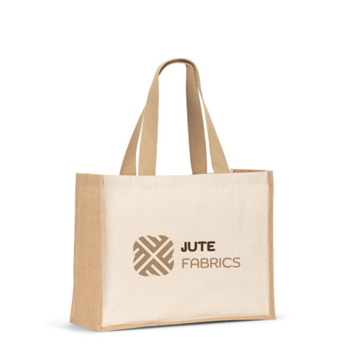 Sacola em canvas (320g/m²), com fundo e laterais em juta laminada (350 g/m²) de tons naturais Personalizada