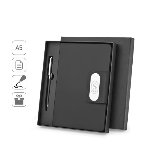 Conjunto composto por 1 caneta esferográfica e 1 caderno, em PU e aço inox Personalizado