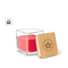 Vela aromática, de 50 g., em copo de vidro com tampa em bambu Personalizada