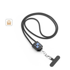 Cordão lanyard com suporte para celular incluso, cabo USB-C e diversos adaptadores em ABS reciclado e TPE reciclado Personalizado