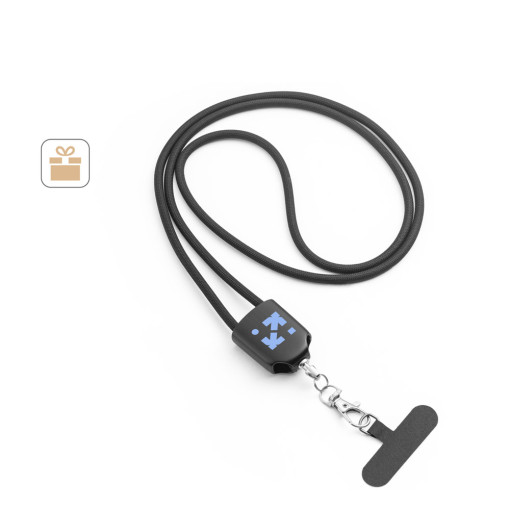 Cordão lanyard com suporte para celular incluso, cabo USB-C e diversos adaptadores em ABS reciclado e TPE reciclado Personalizado